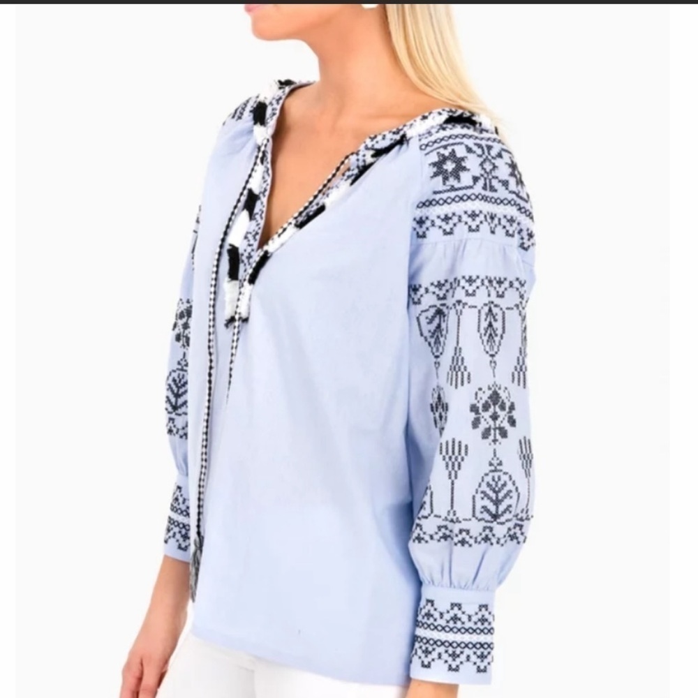 Free The Roses Gillian boho peasant top blouse‎ Sz S blue embroidered